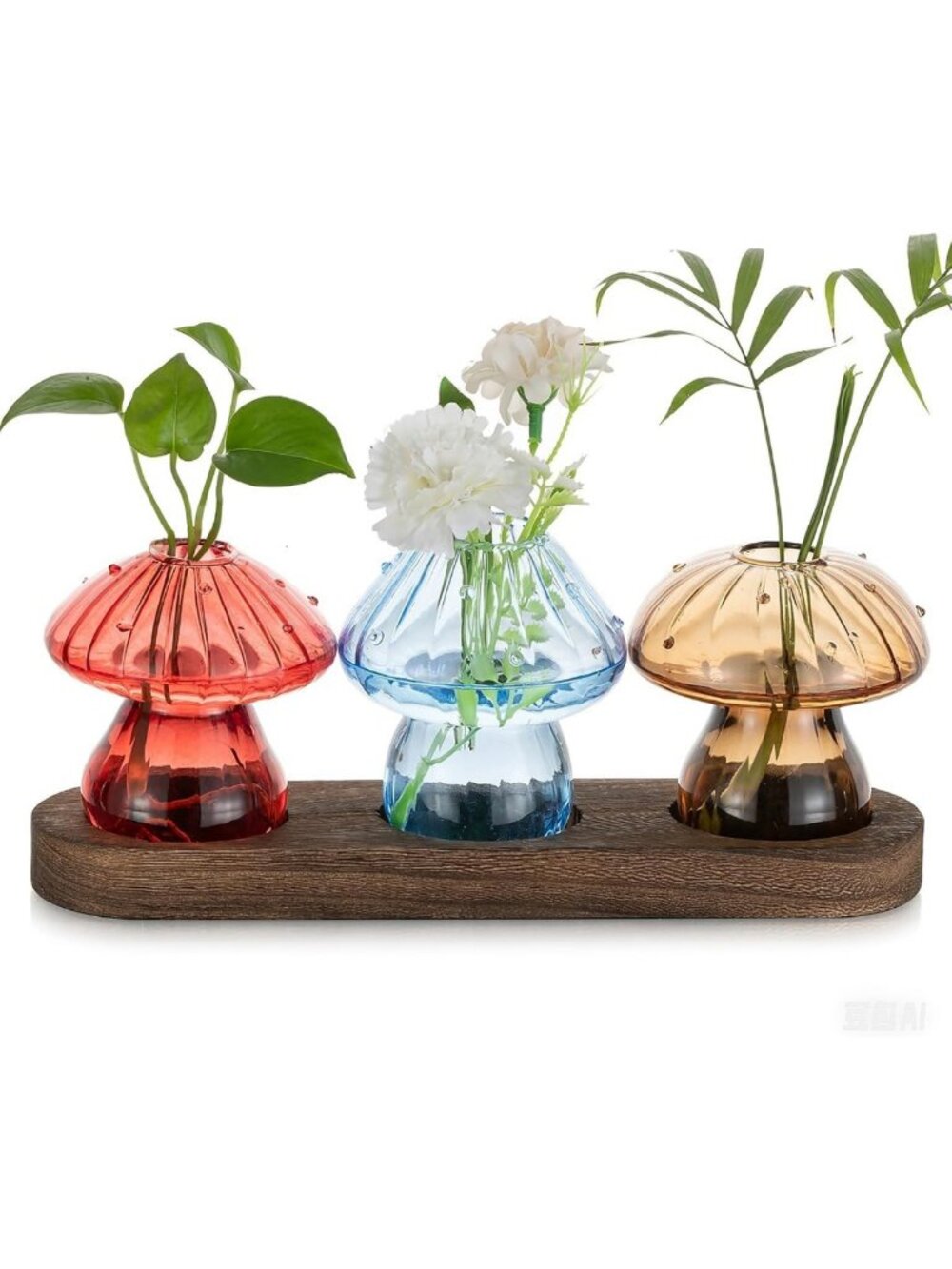 Mushroom Glass Propagation Station - Set of 3 Hydroponic Vases with Wooden Stand